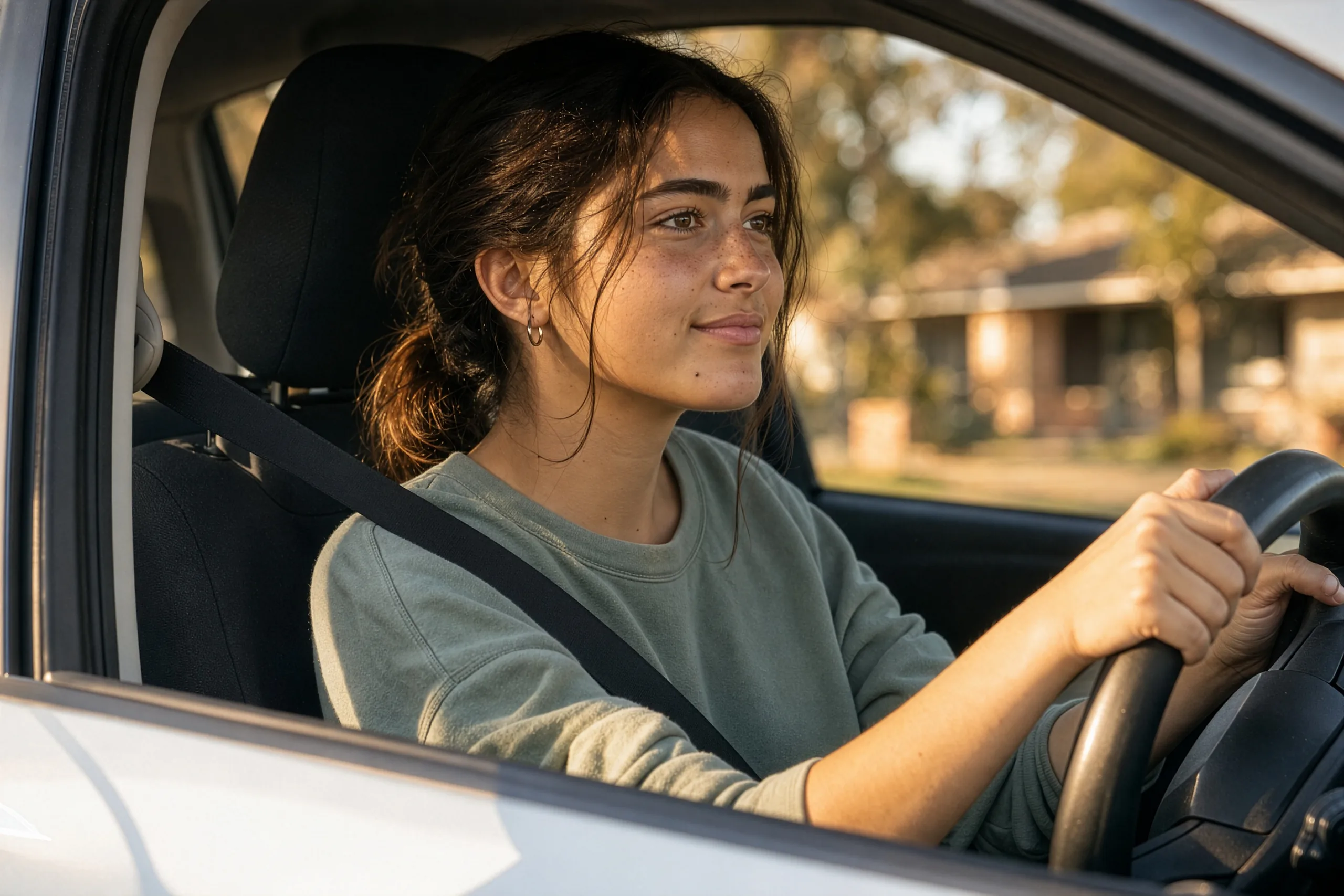 A learner driver at the wheel, seatbelt on, smiling as she gets ready to pull out