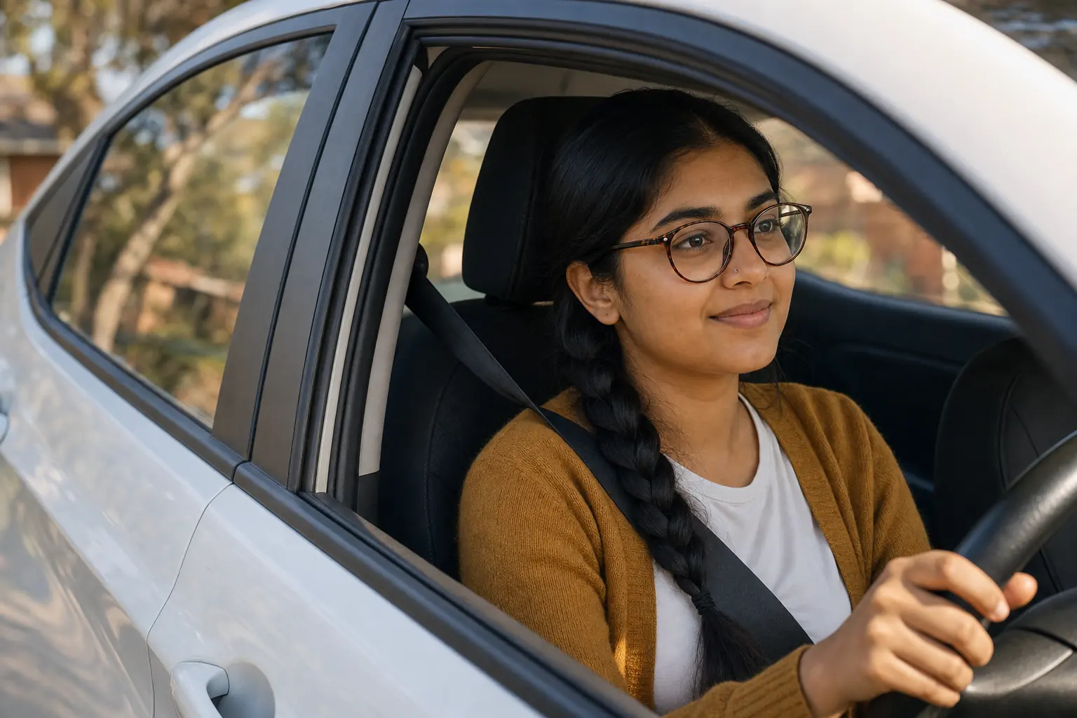 A learner driver sitting calmly at the wheel before her lesson, seatbelt on