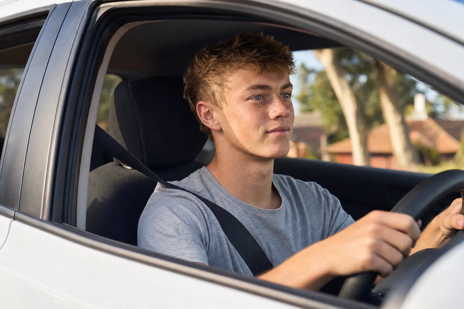 A learner driver at the wheel on a quiet suburban street, eyes on the road ahead
