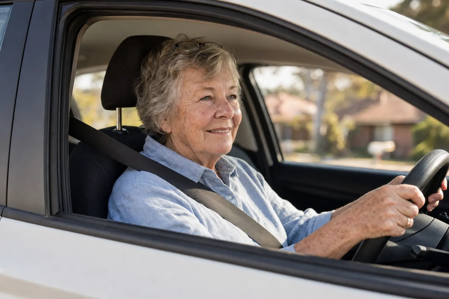 An older driver at the wheel, smiling and ready for a refresher drive